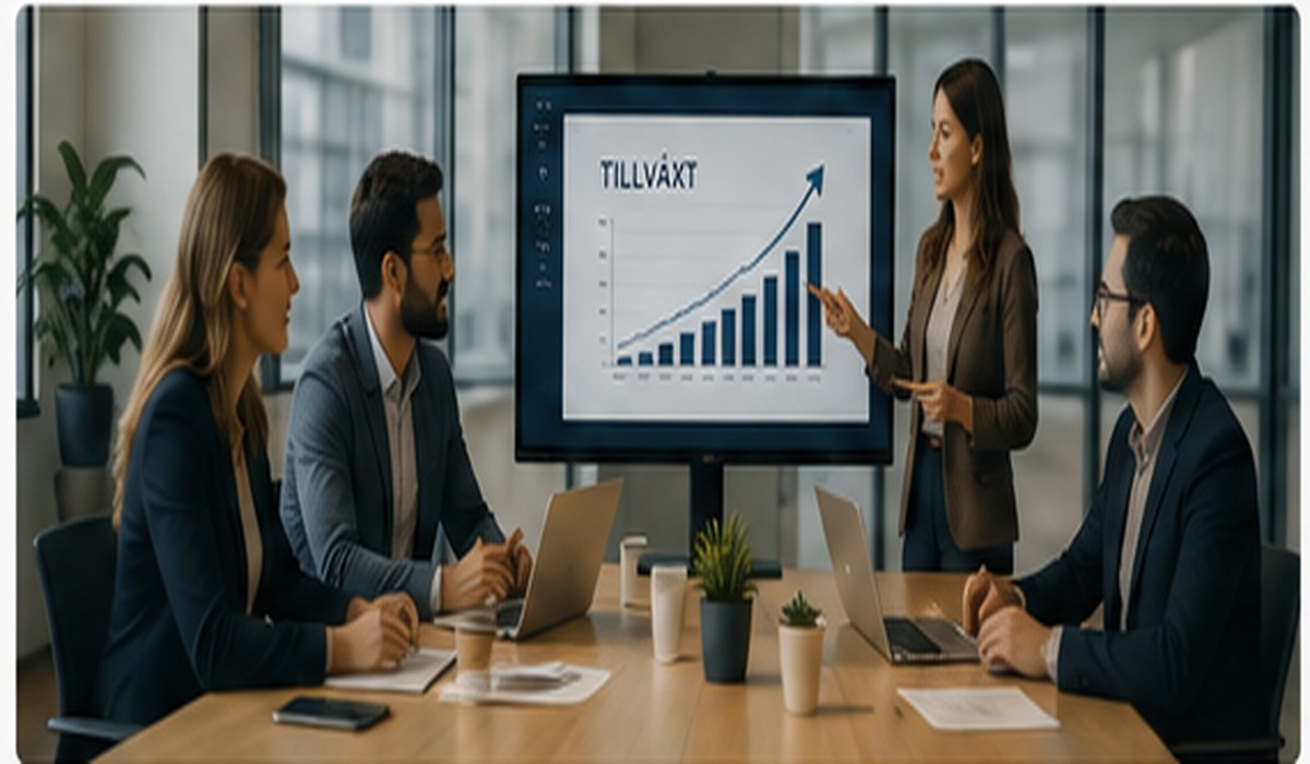Företagare som diskuterar strategi och tillväxt kring ett mötesbord